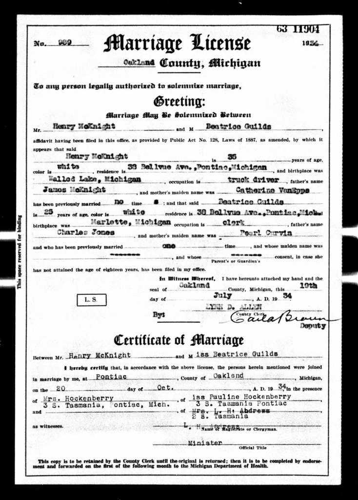 Marriage certificate for Henry McKnight and Beatrice Mae Jones Guilds